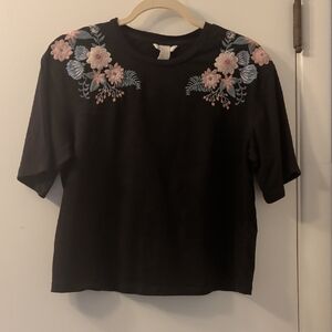 Floral Embroidered Black Cotton Top